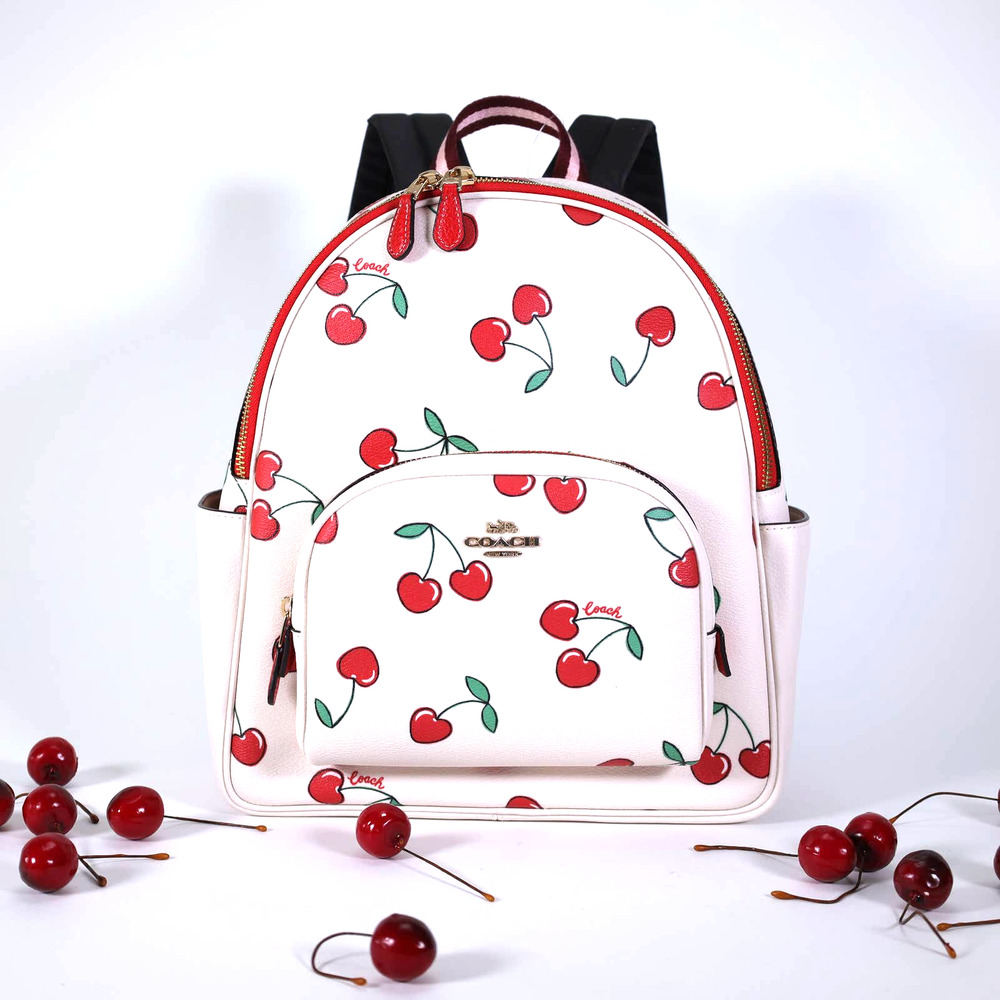 Coach Court Back Pack with Heart Cherry Print  - Gold/Cherry Chalk - NWT